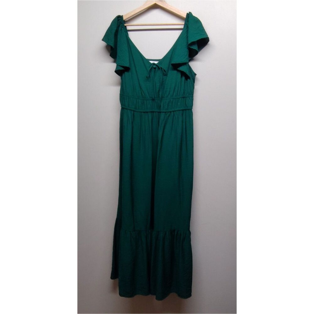 Nine West Midi Dress Women XL Green Short Sleeve Ruffle Boho Chic Romantic